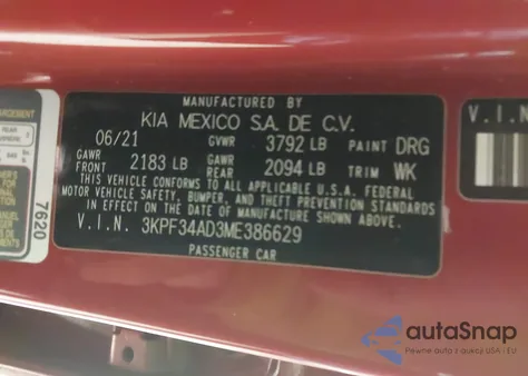 2021 Kia Forte Gt-Line from USA, damaged, VIN 3KPF34AD3ME386629